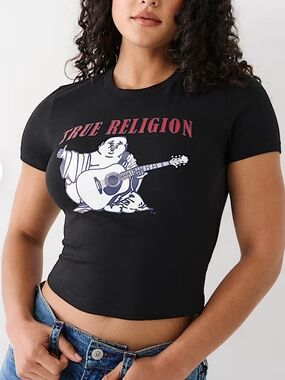 True Religion Black Graphic Logo Crop Tee - Women's Top Baby Tee Small